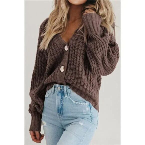 Long Sleeve Button Loose Short Cardigan Outerwear Coats Coffee - Picture 2 of 7